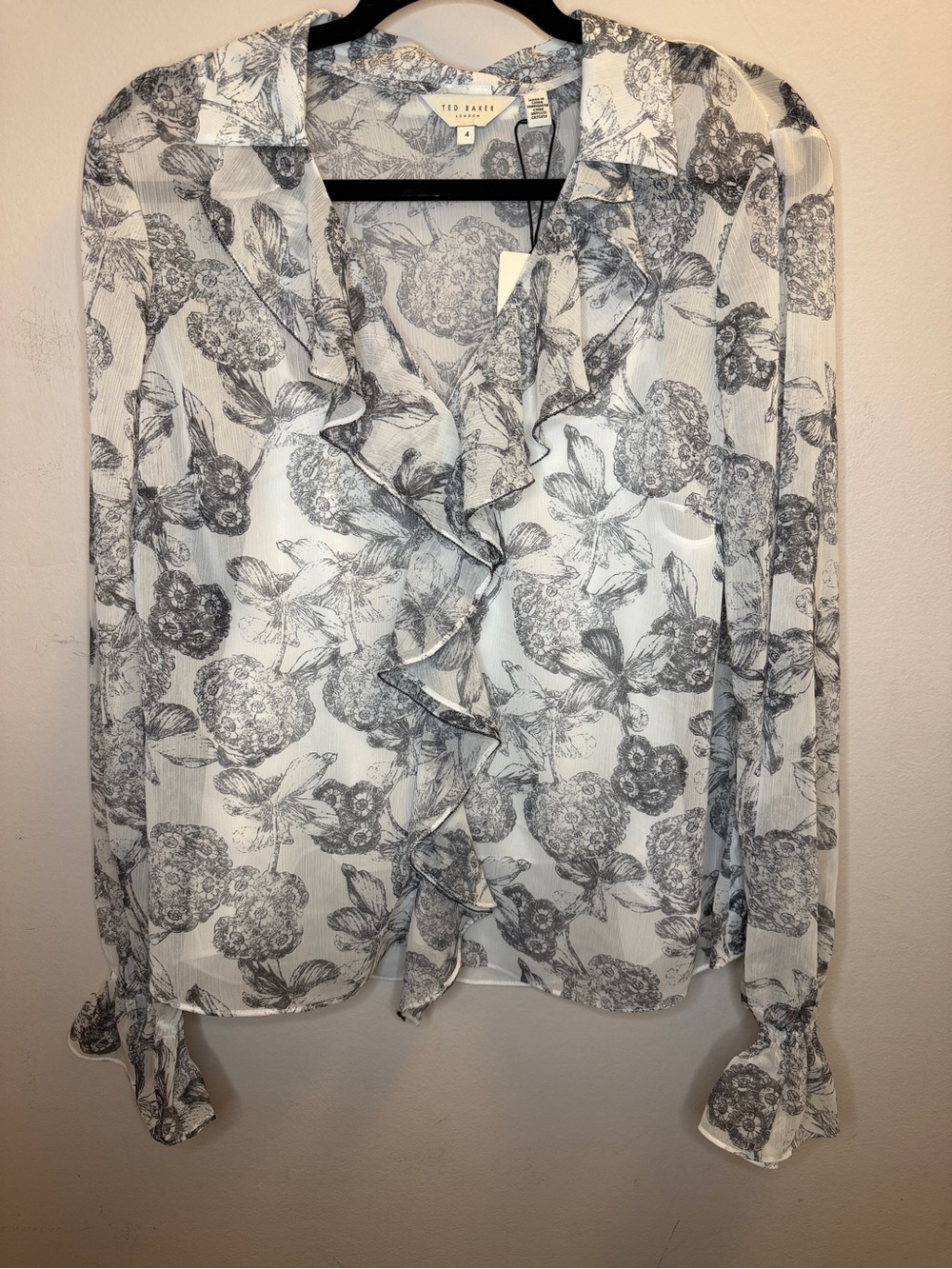 Ted Baker London White Blouse with Gray Floral Ruffle Detail